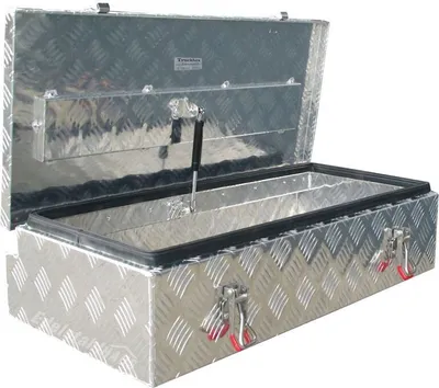 Produktbild von Aluminium Riffelblech Deichselbox, 58 Liter, PD058, verstärkter Deckel, Gasdruckfeder, 85° Öffnung
