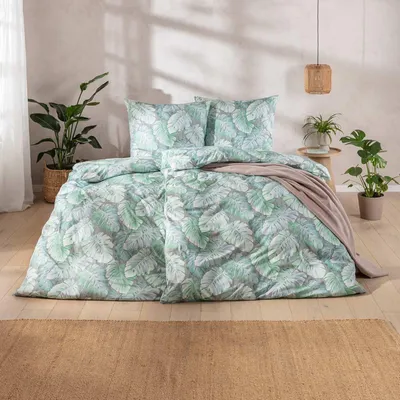 Produktbild von Estella Mako Jersey Bettwäsche 135x200 Rabea alge Blätter Monstera grün 6301-545