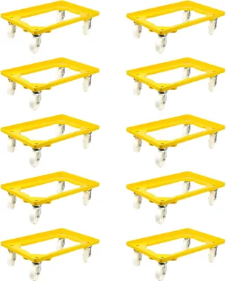 Produktbild von SparSet 10x Transportroller für Euroboxen 60x40cm mit Kunststoffräder gelb | Offenes Deck | 2 Lenkrollen & 2 Bremsrollen | Traglast 300kg | Kistenroller Logistikroller Rollwagen Profi-Fahrgestell