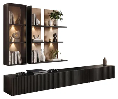 Produktbild von MIRJAN24 Wohnwand Soul, Stilvoll Wohnzimmer-Set, TV-Schrank, Modern Mediawand (Farbe: Schwarz / Eiche Viking mit Weißer LED-Beleuchtung)