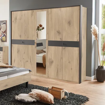 Produktbild von Kleiderschrank 228 cm 5-türig mit Passepartoutrahmen BRADFORD-43 Eiche mit graphit