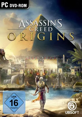 The cover art for Assassin's Creed Origins, featuring a pyramid and a character in the foreground.