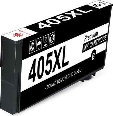 A black and white ink cartridge with text and symbols on it, presented on a white background.