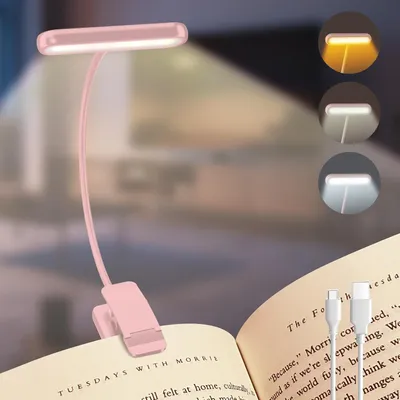 Produktbild von Rosa Leselampe mit Buch Klemme, Tragbares Bett klemmleuchte Buchlampe Klemmlampe USB-C Wiederaufladbar 3 Farben 10 Geschwindigkeit Dimmen Clip Lampe