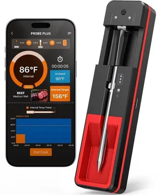 Imagen del producto de Termómetro de carne inalámbrico () - Sonda con 6 sensores - Medición instantánea de la temperatura - Resistente al agua (IP67) - Termómetro digital para alimentos - Ideal para asar a la parrilla, hornear y freír - Medición precisa de la temperatura