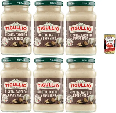 Produktbild von Star Tigullio GranPesto Ricotta Tartufo Pepe Nero, Ricotta Käse, Trüffel und schwarzer Pfeffer, 6x 190g Sauce Soße + Italian Gourmet polpa 400g