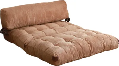 A camel-colored sofa bed with a bolster pillow, shown from a slightly elevated side angle on a white background.