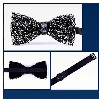 Produktbild von Fliege mit glitzernden Strasssteinen für Bankett und Hochzeit, verstellbare Schleife, vorgebundene Fliege für Herren in Silber