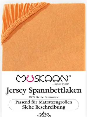 A close-up of an orange fitted sheet with text and a logo below.