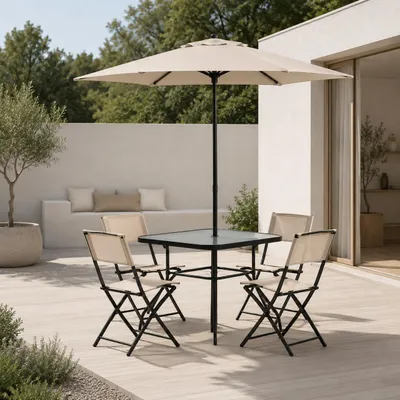 Image de Ensemble de mobilier de jardin, idéal pour balcon. Comprend : 6 pièces, dont 4 chaises pliantes, une table en verre et un parasol. Résistant aux intempéries. Parfait pour le jardin, la terrasse ou le balcon. Couleur : beige/noir