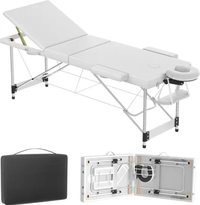 Image de Table de massage NAIZY en aluminium pliable et réglable en hauteur avec 3 zones, capacité de charge 230 kg, rembourrage en mousse de 8,5 cm, sac de transport, appui-tête et accoudoirs latéraux inclus (blanc)