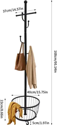 Image de Porte-manteau pour l'entrée - porte-manteau sur pied - 168 cm - acier carbone - panier de rangement - 4 roulettes - noir