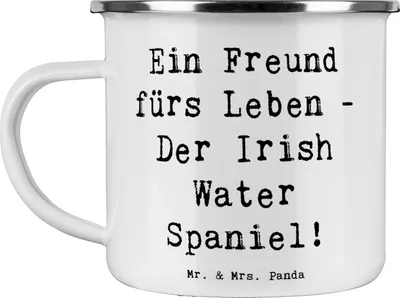 Produktbild von Mr. & Mrs. Panda Emaille Tasse Spruch Irish Water Spaniel Freund - Weiß - Geschenk, Kaffeepott, becher, Hunderassen Charakter, intelligenter Hund, Hunderasse, Teetasse