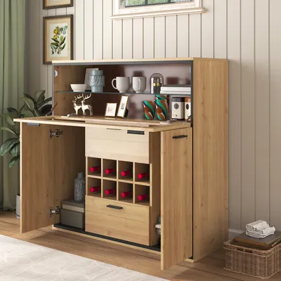 Produktbild von STILVORA Sideboard mit LED-Beleuchtung,Weinschrank mit Doppeltüren und Glasregal,Vitrine Aufbewahrungsschrank aus PB mit Weinhalterung,Natur