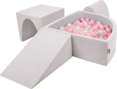 Produktbild von KiddyMoon spielplatz aus schaumstoff mit viertel eckig bällebad (300 bälle) hindernisläufe, hellgrau:puderrosa/perle/transparent