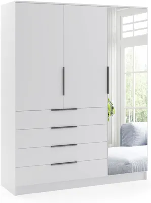 Produktbild von Bogota Kleiderschrank mit Drehtüren, Schubladen und Spiegel - Weiß - 150 x 61 x 215 cm