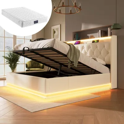 Image de OKWISH Lit Coffre Double 140x200 cm - Lit Capitonné avec Rangement Hydraulique, Éclairage LED et Ports USB-C - Matelas Inclus - Similicuir Blanc