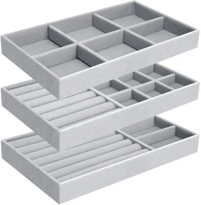 Image de Ensemble de 3 organisateurs à bijoux Unyqoos® – plateaux à bijoux empilables, de couleur gris, avec un intérieur en velours pour ranger bagues, bracelets et colliers