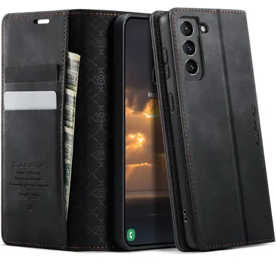 Obrázek produktu pro Obal na mobil Samsung Galaxy S21 FE 5G, skládací, z umělé kůže, černý, s RFID ochranou pro karty, s funkcí stojánku