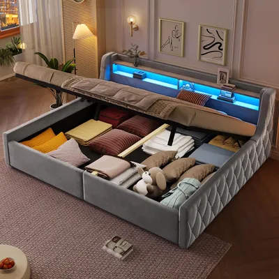 Produktbild von 140x200 Samt Plattformbett mit hydraulischem Stauraum & LED-Beleuchtung, Grau