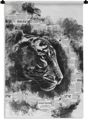 Produktbild von MuchoWow® Wandteppich Wandbehang Kopf eines Tigers auf einer Zeitung Hintergrund - schwarz und weiß 120x180 cm Tapisserie Dekoration Wandtuch - Schlafzimmer - Dekorationen für das Haus