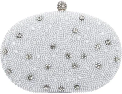 Produktbild von Unyqoos® Perlmutt-Clutch – elegante Abendtasche mit doppelter Perlenverzierung, Metallrahmen, Griff & abnehmbare Kette, 20×6×15 cm, für Hochzeiten & Gala