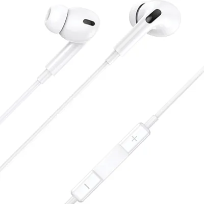 A pair of white wired earphones with a control module on the right cable.