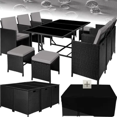 A collage of images showing a rattan garden furniture set, including chairs, a table, and storage boxes, with a protective cover.