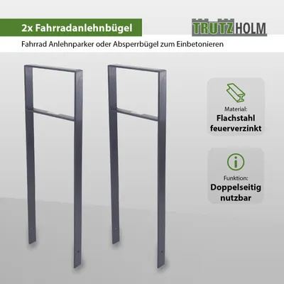Produktbild von 2 x Fahrradanlehnbügel 116,5 x 39 cm Flachstahl 13 mm Anthrazit Einbetonieren Fahrradständer Parker Typ H