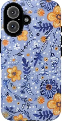 Produktbild von Blumenmuster in Blau und Orange – Hülle Kompatibel mit iPhone 16
