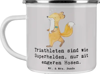 Produktbild von Mr. & Mrs. Panda becher emaille Triathlon Superheld - Grau Pastell - Geschenk, Sportler Geschenke, Teamsport, Schwimmen, Tasse, Pott, körperliche Fitness, Haferl, Laufen