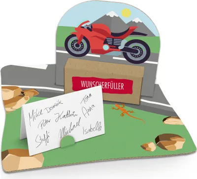 Produktbild von itenga Geldgeschenkverpackung Motorrad (Motiv 102) mit Bodenplatte, Karte