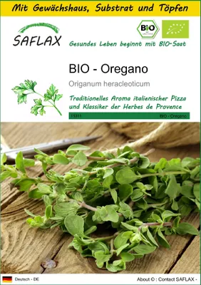 Produktbild von SAFLAX Anzucht Set - BIO - Oregano - Origanum heracleoticum - 1500 Samen - Mit Mini-Gewächshaus, Anzuchtsubstrat und 2 Töpfen