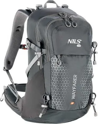 A gray hiking backpack with the brand name 'NILS' and 'WAYFARER' printed on it.
