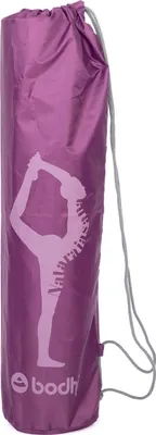 A purple yoga mat bag with a pink silhouette of a person in a yoga pose and the brand logo.
