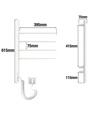 A diagram of a white electric towel dryer with dimensions indicated.