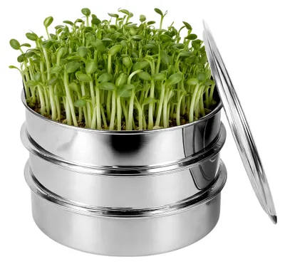 Produktbild von Edelstahl Keimschalen Set 21,6 x 21,6 cm für Sprossen, Kressesamen und Microgreens mit Abtropfschale und Deckel