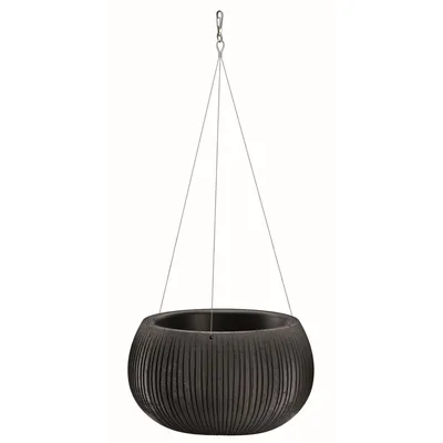 A dark gray, ribbed hanging planter pot suspended by thin wires against a white background.