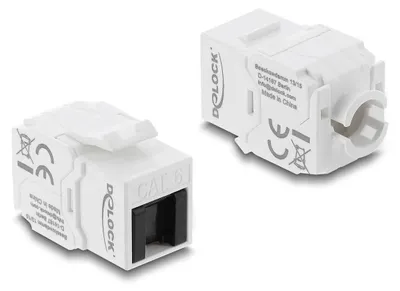 Productafbeelding van Delock Keystone-module, RJ45-connector naar LSA Cat.6 UTP, gereedschaploos, met stofkap, wit/zwart