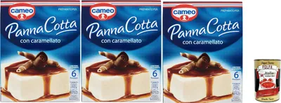 Produktbild von Cameo Panna Cotta Mix mit karamellisiertem, leicht zuzubereitendem Dessert, 1 Packung Mix und 1 Packung karamellisiertes, Karton mit 6 Portionen, 3x 97 g + Italian Gourmet polpa 400g