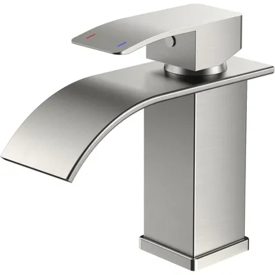 Obrázek produktu pro Baterie do koupelny, vodopád, umyvadlová baterie, jednopáková, kartáčovaný nikl, výška výtoku 80 mm, nerezová ocel