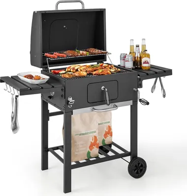 Zdjęcie produktu dla COSTWAY Grill węglowy Grill ogrodowy XXL, wózek do grilla z pokrywą, 2 składane stoliki, 2 kółka, termometr, 8 haczyków i półka, grill BBQ metalowy czarny