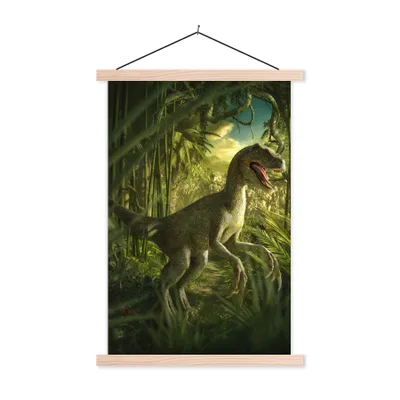 Produktbild von MuchoWow® Textilposter Dinosaurier - Pflanzen - Grün - Illustration - Kinder - Jungen 40x60 cm mit holzfarbenen Rahmen - Poster