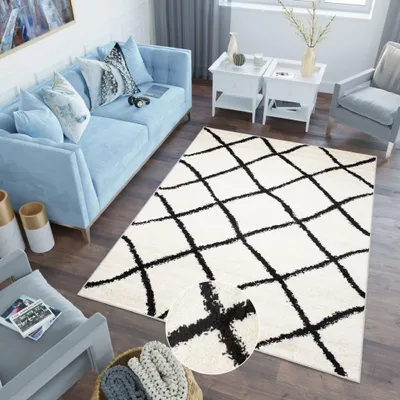 Obrázek produktu pro Koberec obývací pokoj ložnice shaggy vysoký vlas dlouhý vlas krémová černá ÖKOTEX 60 x 100 cm