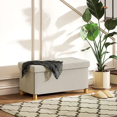 Produktbild von Aufbewahrungsbank mit 67 L Stauraum, Samtbezug, Gummibaumholzbeine, 76x38x38 cm, 120 kg, Creme