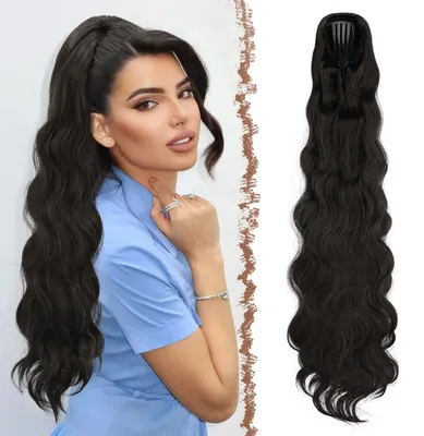 Produktbild von Haarteil Pferdeschwanz Kordelzug 75cm Gewellt Clip-in Haarverlängerung Synthetik Schwarz Braun