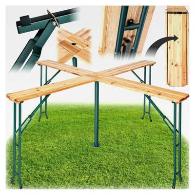 Produktbild von Stehtisch Quattro als Bierzeltgarnitur, XXL Biertisch aus Holz, klappbar, Outdoor Klapptisch mit Sonnenschirmhalterung, wetterbeständiger Gartentisch, Platz für 20 Personen, stabil