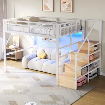 Image de OKWISH Lit Mezzanine Adulte 140x200 cm - avec Éclairage LED et Escalier de Rangement - sans Matelas - Métal - Blanc