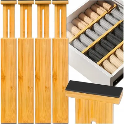 Produktbild von 4er Set Bambus Schubladentrenner Verstellbar – Schubladen Organizer 44,5–56,5 cm, Ohne Bohren, Mit Filzenden