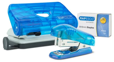 Produktbild von Rapesco Bug Heftgerät und 2-Locher Set, 1000 Heftklammern, Transparent Blau